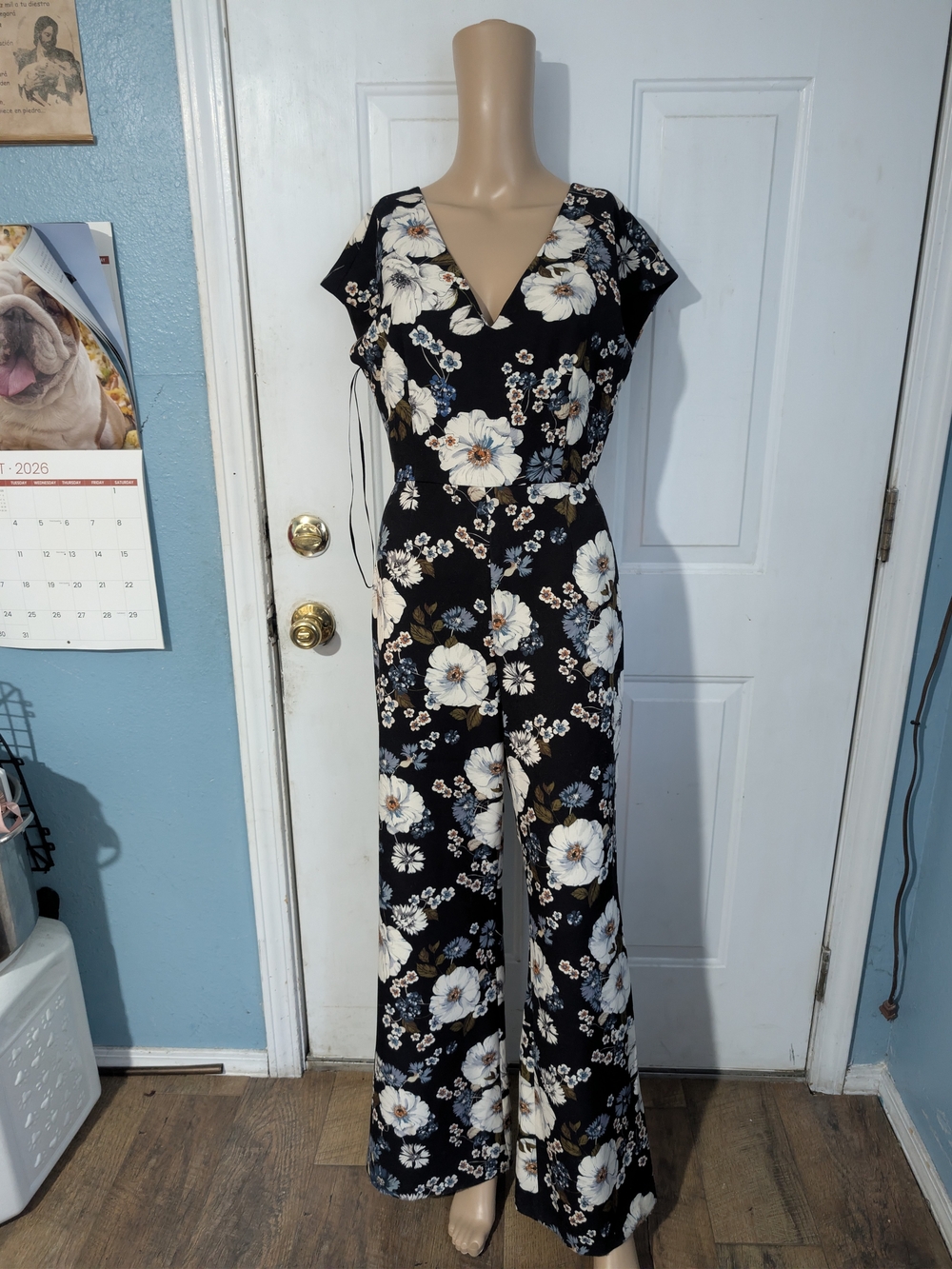 Gianni Bini Black Floral V-Neck Wide-Leg Jumpsuit